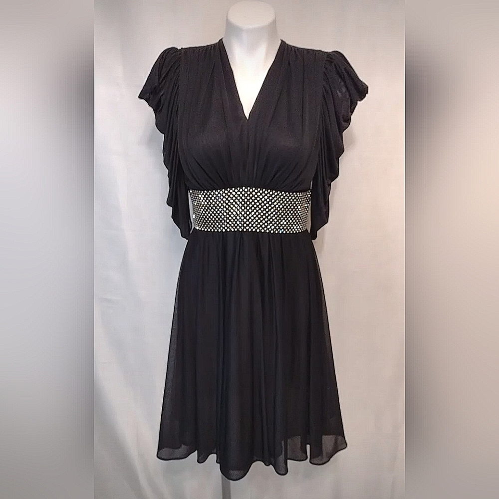JoEd Sophisticates Vintage 80s Black Chiffon Cocktail Dress Ruched Sleeves Small